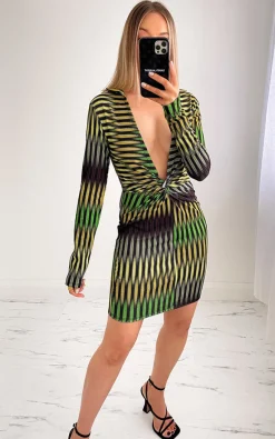 Green Jade Twist Front Patterned Mini Dress<IKRUSH Sale