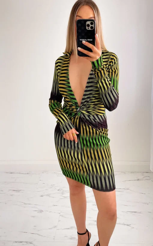 Green Jade Twist Front Patterned Mini Dress<IKRUSH Sale