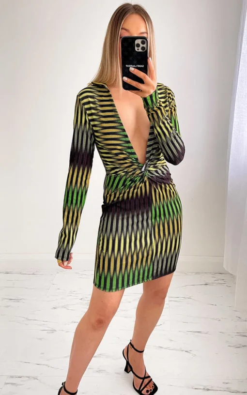 Green Jade Twist Front Patterned Mini Dress<IKRUSH Sale