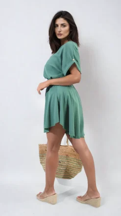 Green Julie Roll Sleeve Top and Elastic Shirred Waistband and Shorts Co-ord Set<IKRUSH Clearance
