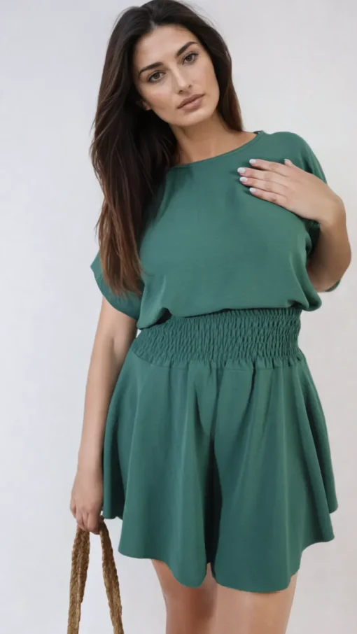 Green Julie Roll Sleeve Top and Elastic Shirred Waistband and Shorts Co-ord Set<IKRUSH Clearance