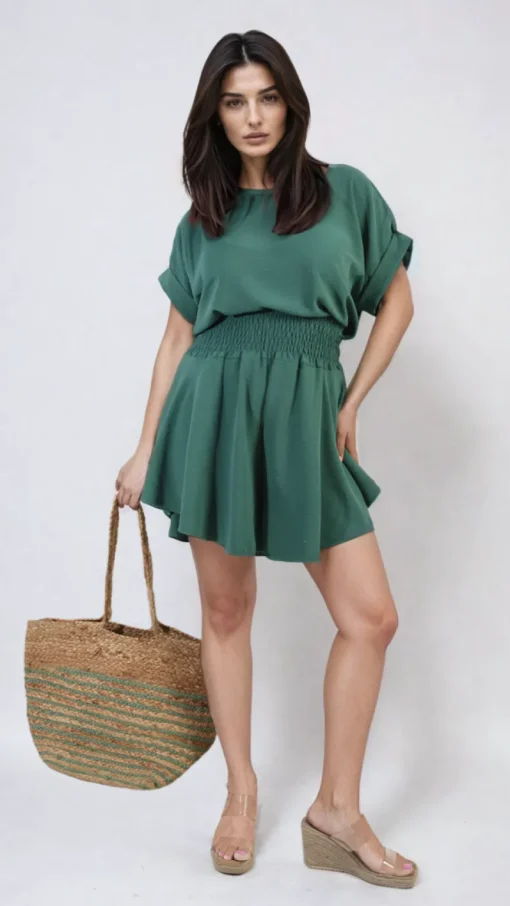 Green Julie Roll Sleeve Top and Elastic Shirred Waistband and Shorts Co-ord Set<IKRUSH Clearance