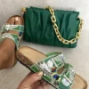 Green Leslie Rhinestone Double Buckle Adjustable Slip On Slides Sandals<IKRUSH Online