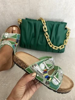 Green Leslie Rhinestone Double Buckle Adjustable Slip On Slides Sandals<IKRUSH Online