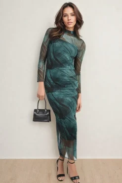 Green Sylvia Printed Mesh Long Sleeve Midi Dress<IKRUSH New