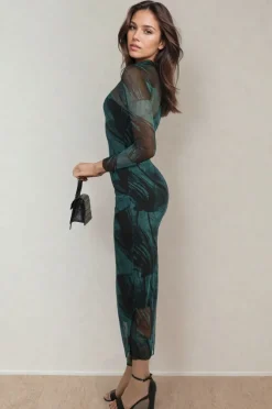 Green Sylvia Printed Mesh Long Sleeve Midi Dress<IKRUSH New