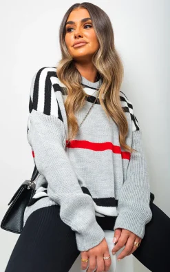 Grey Ava Oversized Striped Long Sleeve Knitted Jumper<IKRUSH Hot
