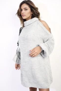 Grey Bria High Neck Oversized Open Shoulder Long Sleeve Knitted Jumper<IKRUSH New