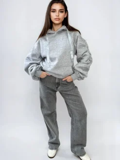 Grey Carla Ruched Sleeve Oversized Hoodie with Front Pouch Pocket<IKRUSH New