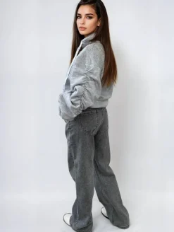 Grey Carla Ruched Sleeve Oversized Hoodie with Front Pouch Pocket<IKRUSH New