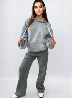 Grey Carla Ruched Sleeve Oversized Hoodie with Front Pouch Pocket<IKRUSH New
