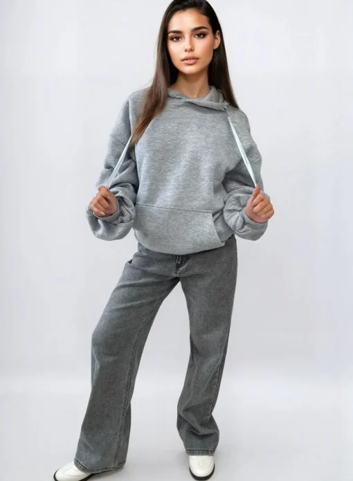 Grey Carla Ruched Sleeve Oversized Hoodie with Front Pouch Pocket<IKRUSH New