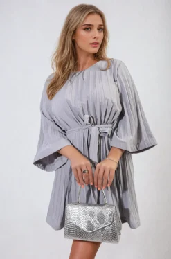 Grey Carmen Pleated Tie Waist Mini Dress<IKRUSH Discount