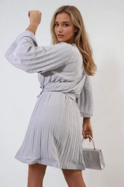 Grey Carmen Pleated Tie Waist Mini Dress<IKRUSH Discount