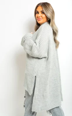 Grey Faye High Neck Oversized Long Sleeve Knitted Jumper<IKRUSH New