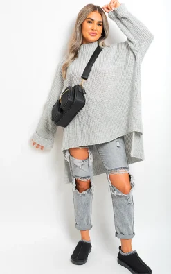 Grey Faye High Neck Oversized Long Sleeve Knitted Jumper<IKRUSH New