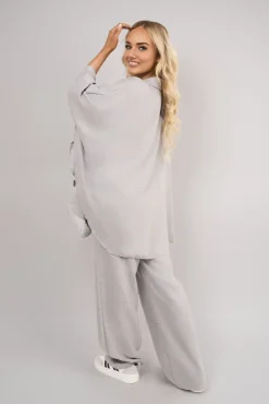 Grey Jade Button Down Long Sleeve Shirt and Wide Leg Trousers Co-ord Set<IKRUSH Outlet