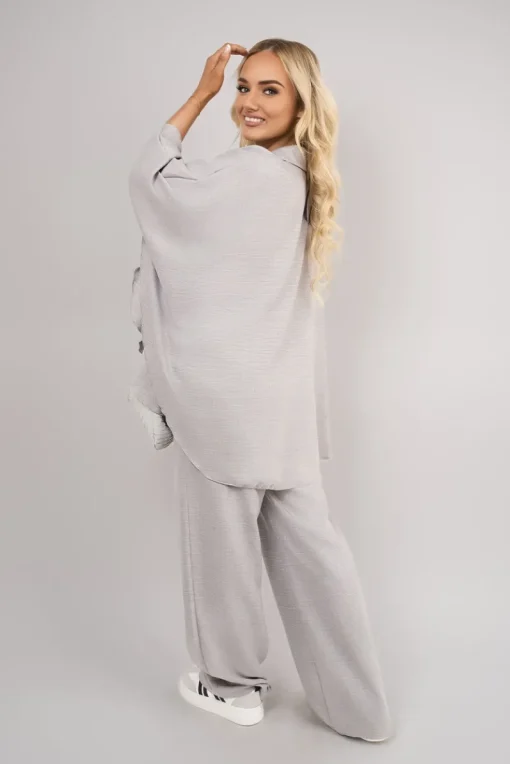 Grey Jade Button Down Long Sleeve Shirt and Wide Leg Trousers Co-ord Set<IKRUSH Outlet