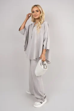 Grey Jade Button Down Long Sleeve Shirt and Wide Leg Trousers Co-ord Set<IKRUSH Outlet