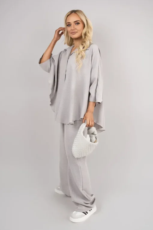 Grey Jade Button Down Long Sleeve Shirt and Wide Leg Trousers Co-ord Set<IKRUSH Outlet