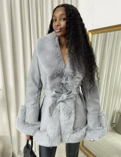 Grey Janna Faux Fur Trim Winter Jacket<IKRUSH Discount