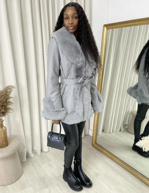 Grey Janna Faux Fur Trim Winter Jacket<IKRUSH Discount
