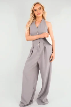 Grey Sally V-Neck Sleeveless Button Front Detail Jumpsuit<IKRUSH Clearance