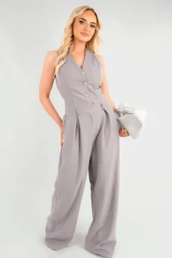 Grey Sally V-Neck Sleeveless Button Front Detail Jumpsuit<IKRUSH Clearance