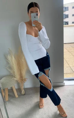 Indigo Ingrid Distressed Straight Leg Jeans<IKRUSH Clearance