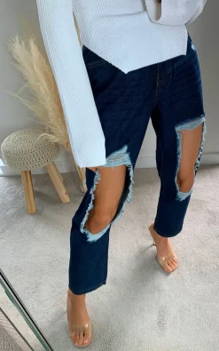Indigo Ingrid Distressed Straight Leg Jeans<IKRUSH Clearance