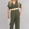 Khaki Ailina V Neck Short Sleeve Wide Leg Jumpsuit with Woven Belt<IKRUSH Hot