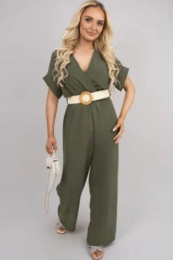 Khaki Ailina V Neck Short Sleeve Wide Leg Jumpsuit with Woven Belt<IKRUSH Hot