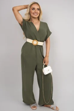 Khaki Ailina V Neck Short Sleeve Wide Leg Jumpsuit with Woven Belt<IKRUSH Hot