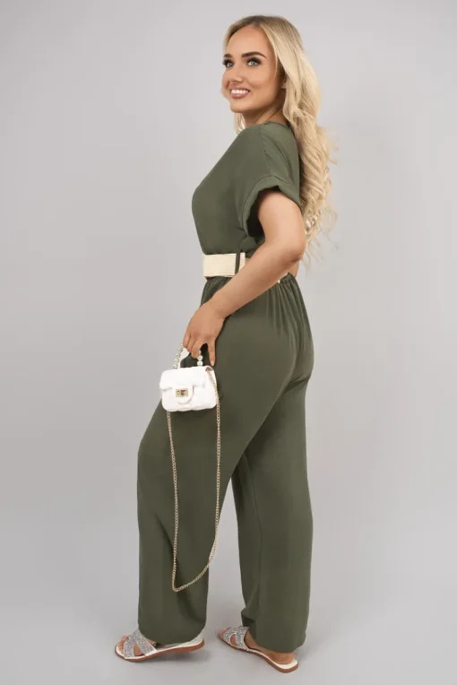 Khaki Ailina V Neck Short Sleeve Wide Leg Jumpsuit with Woven Belt<IKRUSH Hot