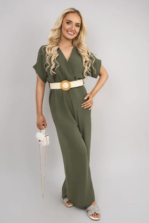 Khaki Ailina V Neck Short Sleeve Wide Leg Jumpsuit with Woven Belt<IKRUSH Hot