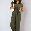Khaki Alessandra Belted V Neck Jumpsuit with Side Pockets<IKRUSH Hot