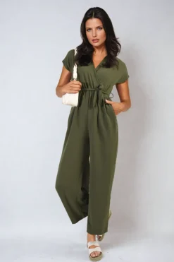 Khaki Alessandra Belted V Neck Jumpsuit with Side Pockets<IKRUSH Hot