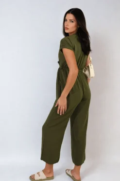 Khaki Alessandra Belted V Neck Jumpsuit with Side Pockets<IKRUSH Hot