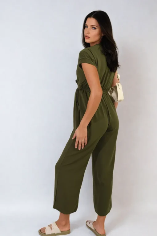 Khaki Alessandra Belted V Neck Jumpsuit with Side Pockets<IKRUSH Hot