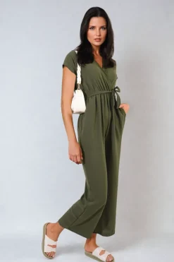 Khaki Alessandra Belted V Neck Jumpsuit with Side Pockets<IKRUSH Hot