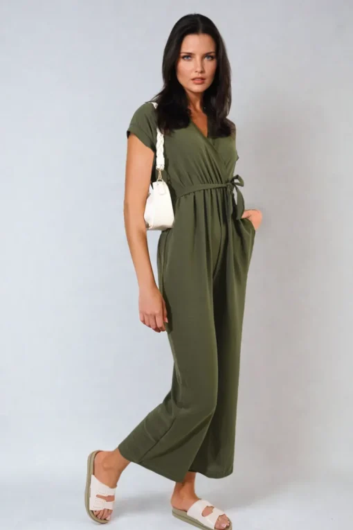 Khaki Alessandra Belted V Neck Jumpsuit with Side Pockets<IKRUSH Hot