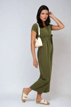 Khaki Alessandra Belted V Neck Jumpsuit with Side Pockets<IKRUSH Hot