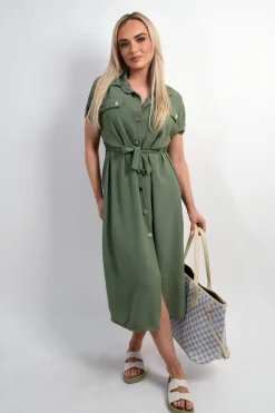 Khaki Annie Collared Button Down Short Sleeve Tie Waist Midi Dress<IKRUSH Sale