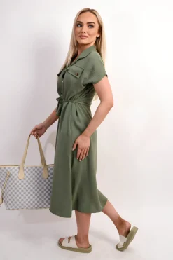 Khaki Annie Collared Button Down Short Sleeve Tie Waist Midi Dress<IKRUSH Sale
