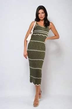 Khaki Ariana Strappy Long Knitted Stripe Cami Dress<IKRUSH Sale