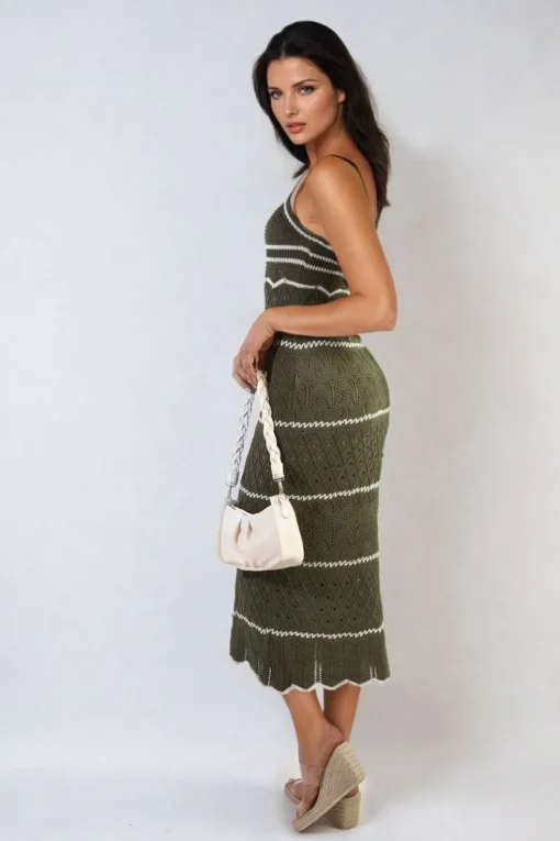 Khaki Ariana Strappy Long Knitted Stripe Cami Dress<IKRUSH Sale