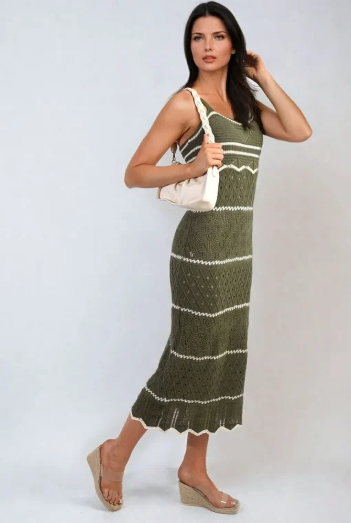 Khaki Ariana Strappy Long Knitted Stripe Cami Dress<IKRUSH Sale