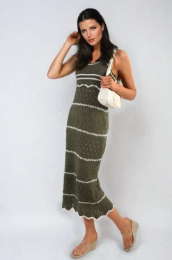 Khaki Ariana Strappy Long Knitted Stripe Cami Dress<IKRUSH Sale