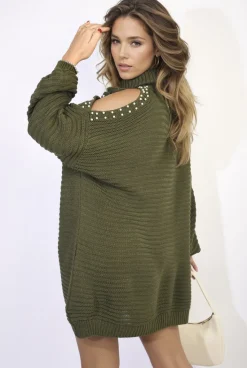 Khaki Bria High Neck Oversized Open Shoulder Long Sleeve Knitted Jumper<IKRUSH Clearance