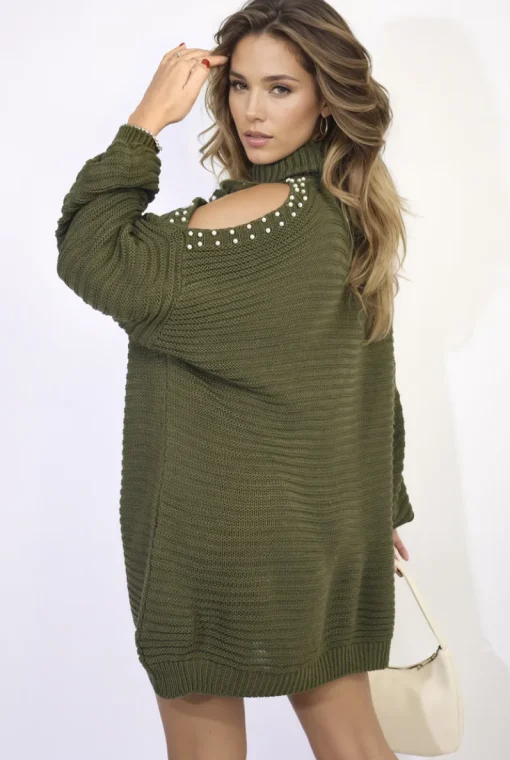Khaki Bria High Neck Oversized Open Shoulder Long Sleeve Knitted Jumper<IKRUSH Clearance